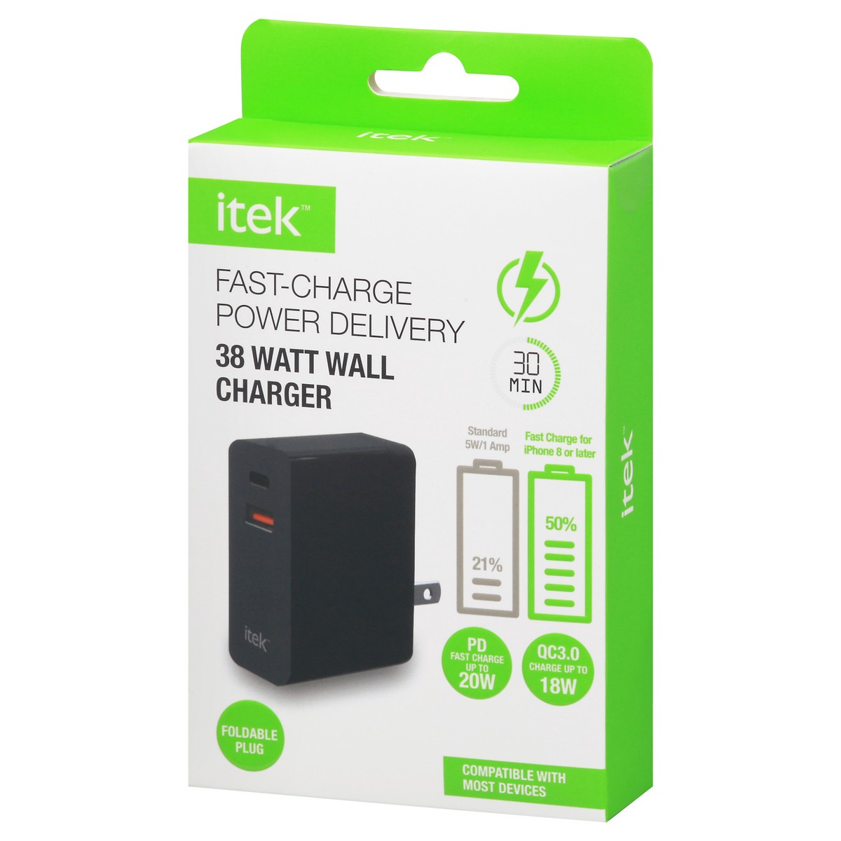 slide 2 of 9, itek 38 Watt Wall Fast-Charge Power Delivery Charger 1 ea, 1 ct