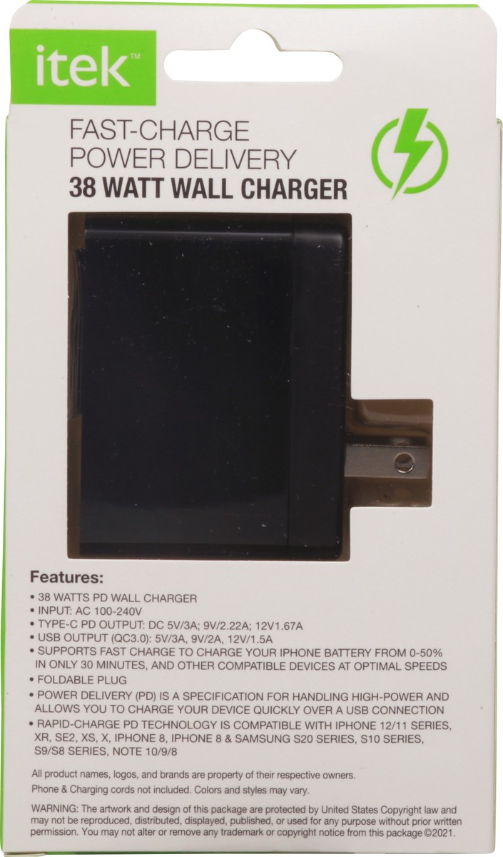 slide 7 of 9, itek 38 Watt Wall Fast-Charge Power Delivery Charger 1 ea, 1 ct