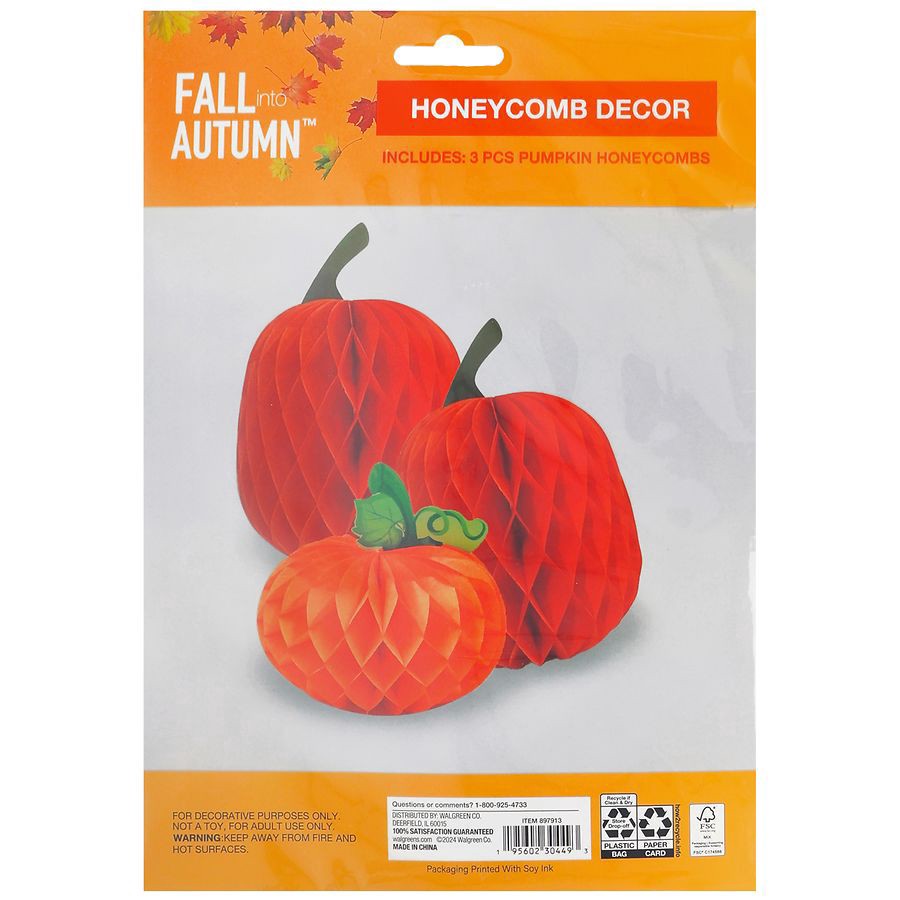 slide 1 of 5, Fall into Autumn Honeycomb Decor Pumpkins, 3 ct