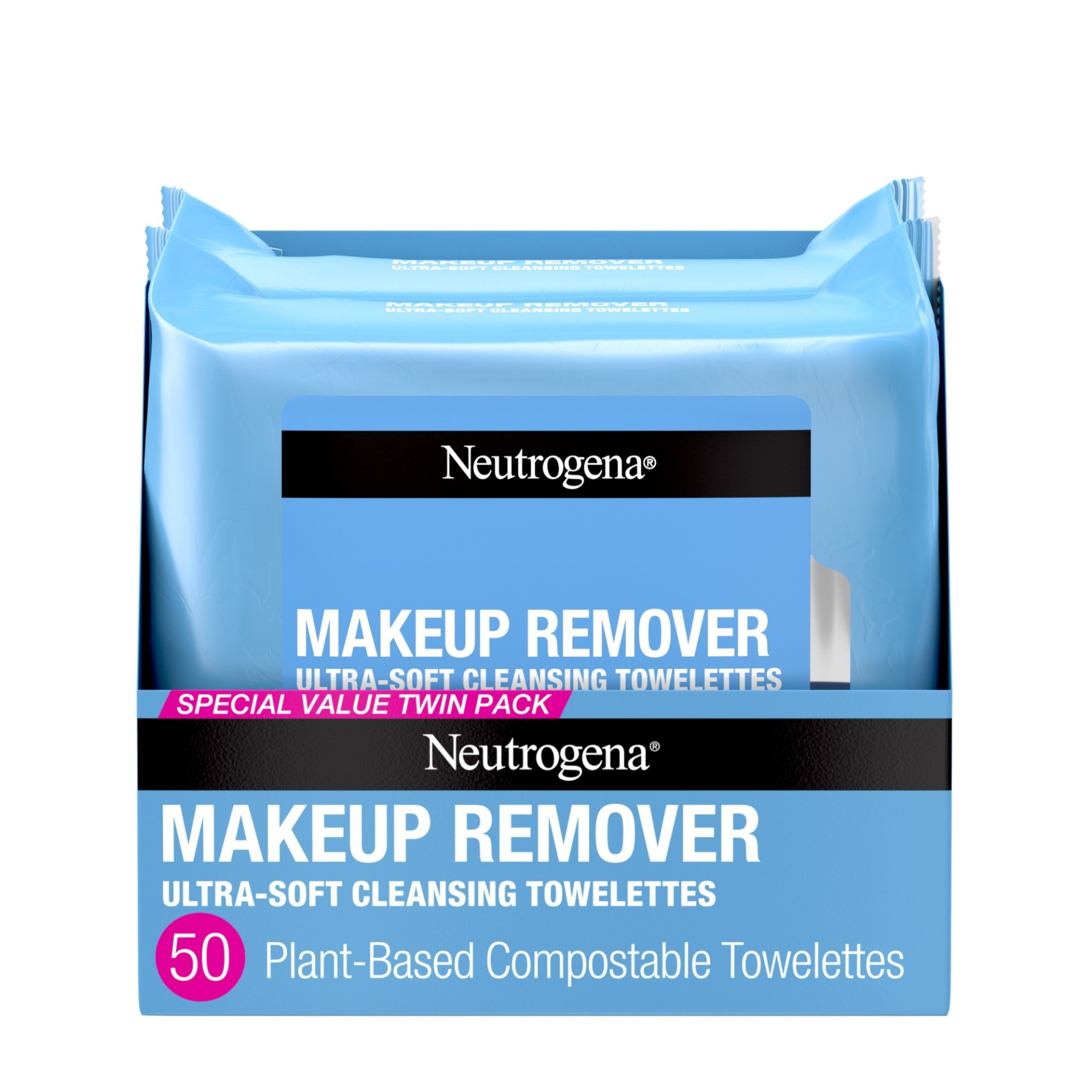 slide 1 of 7, Neutrogena Makeup Remover Cleansing Face Wipes, Daily Cleansing Facial Towelettes Remove Makeup & Waterproof Mascara, Alcohol-Free, 100% Plant-Based Fibers, Value Twin Pack, 25 ct; 2 ct