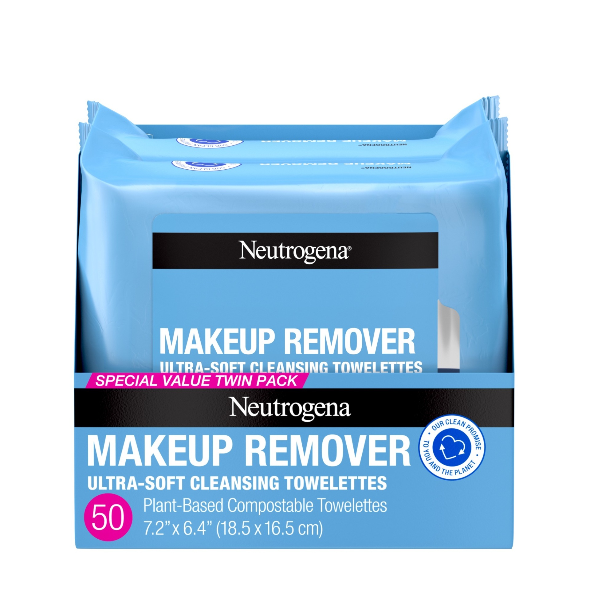 slide 1 of 1, Neutrogena Makeup Remover Cleansing Face Wipes, Daily Cleansing Facial Towelettes Remove Makeup & Waterproof Mascara, Alcohol-Free, 100% Plant-Based Fibers, Value Twin Pack, 25 ct; 2 ct