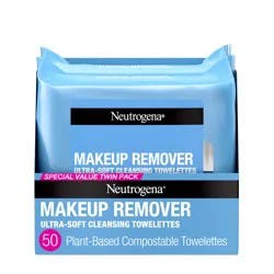 Neutrogena Makeup Remover Wipes, Daily Facial Cleanser Towelettes, Gently Cleanse and Remove Oil & Makeup, Alcohol-Free Makeup Wipes, 2 x 25 ct