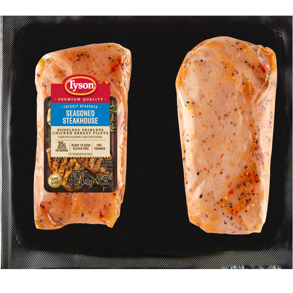 slide 2 of 3, Tyson Premium Quality Freshly Seasoned Seasoned Steakhouse Boneless Skinless Chicken Breast Filets, 0.75 lb