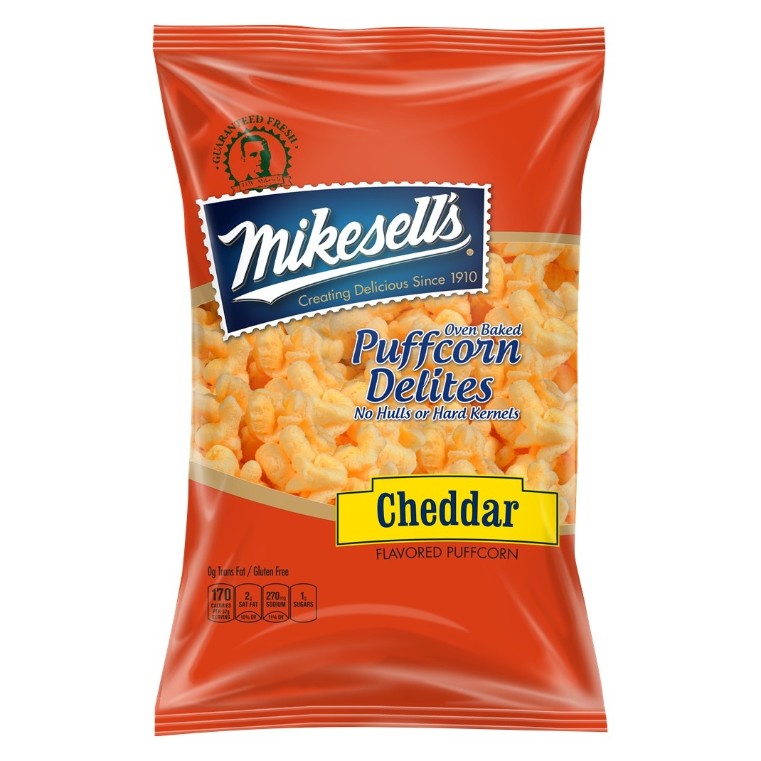 slide 1 of 1, Mikesell's Cheddar Flavored Oven Baked Delites Puffcorn, 6 oz
