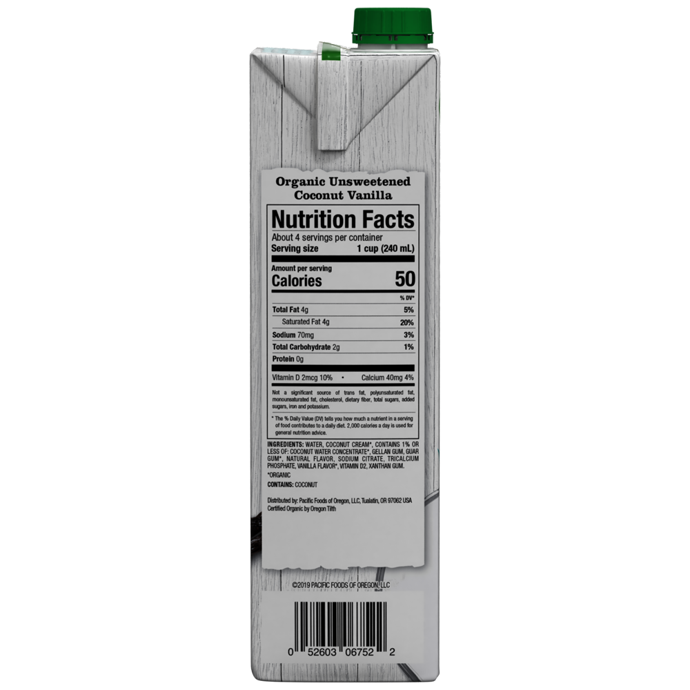 slide 5 of 5, Pacific Foods Organic Unsweetened Vanilla Coconut Milk, Plant Based Milk, 32 oz Carton, 32 oz