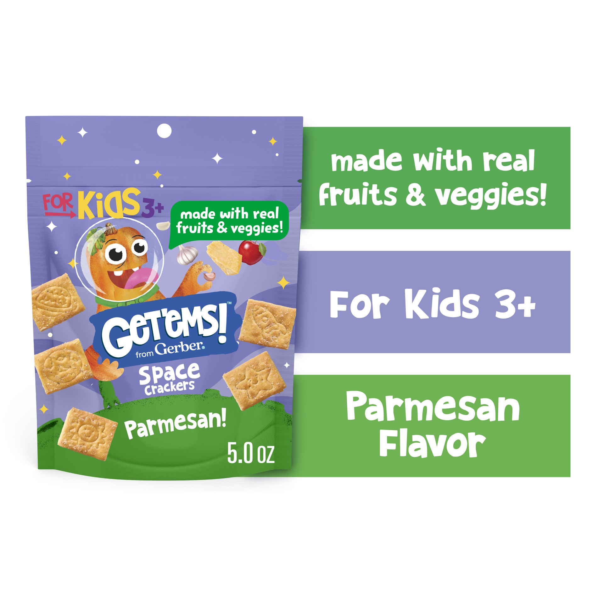 slide 1 of 7, Get'ems! from Gerber Parmesan Space Crackers, Kids Snack Made with Real Veggies & Fruits, Iron & Vitamin E, 5 oz