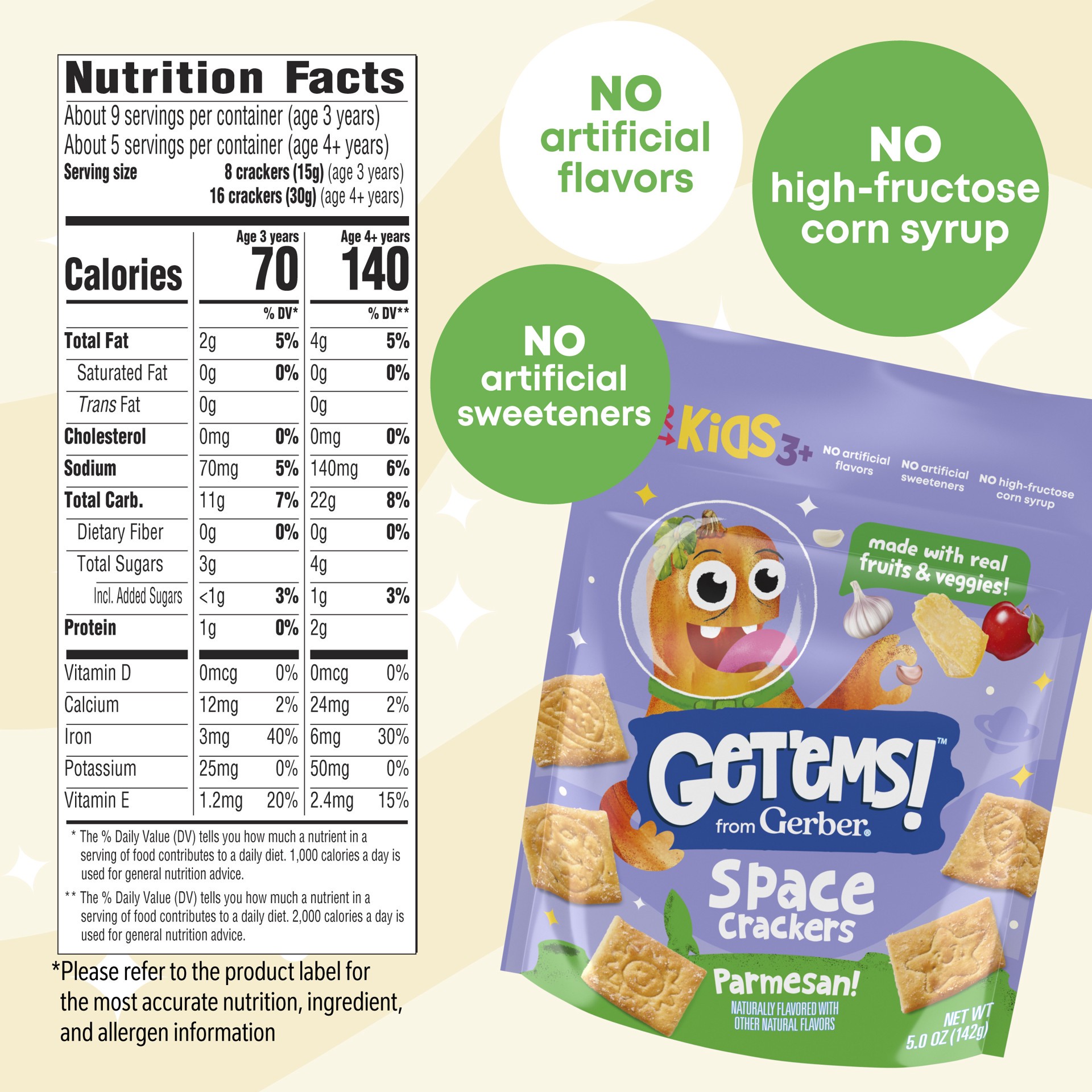 slide 2 of 7, Get'ems! from Gerber Parmesan Space Crackers, Kids Snack Made with Real Veggies & Fruits, Iron & Vitamin E, 5 oz