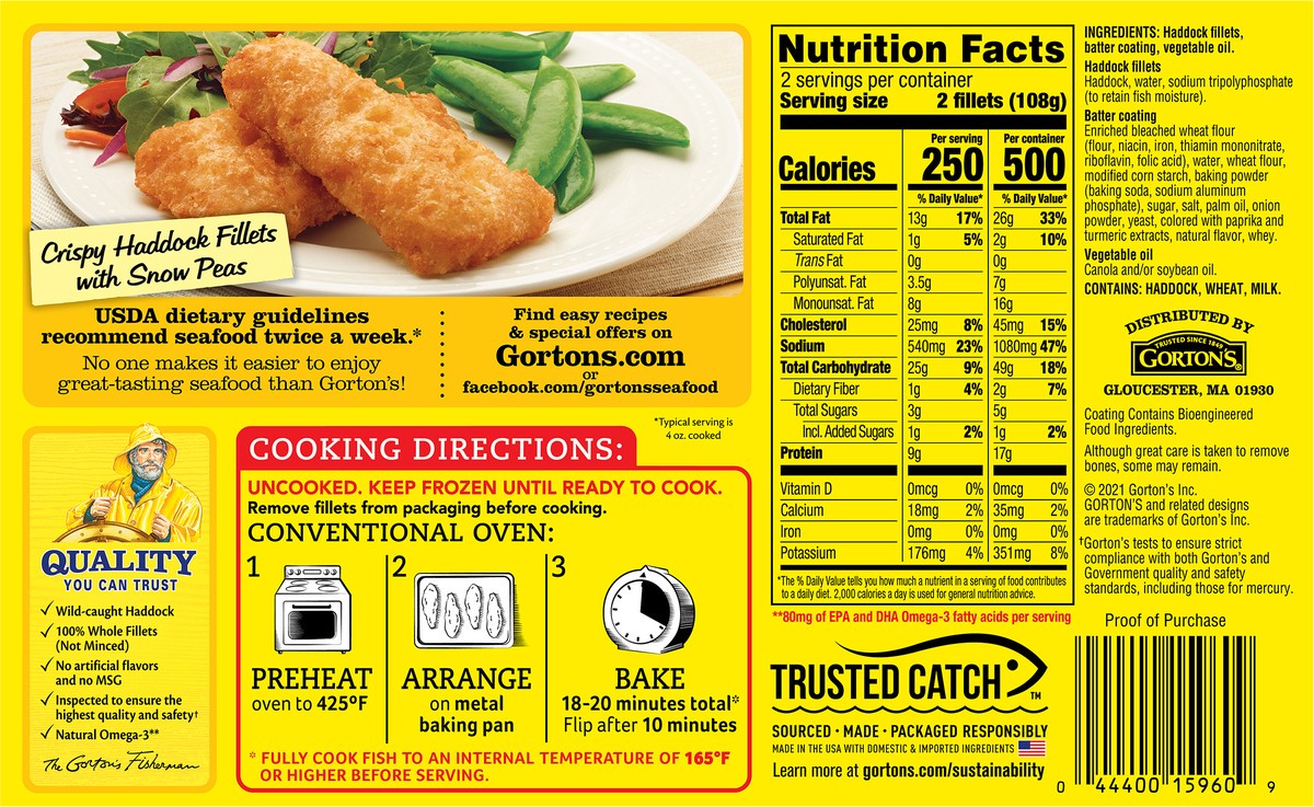 slide 9 of 9, Gorton's Crispy Battered Fish 100% Real Fish Fillets, Wild Caught Haddock, Frozen, 4 Count, 7.6 Ounce Package, 4 ct