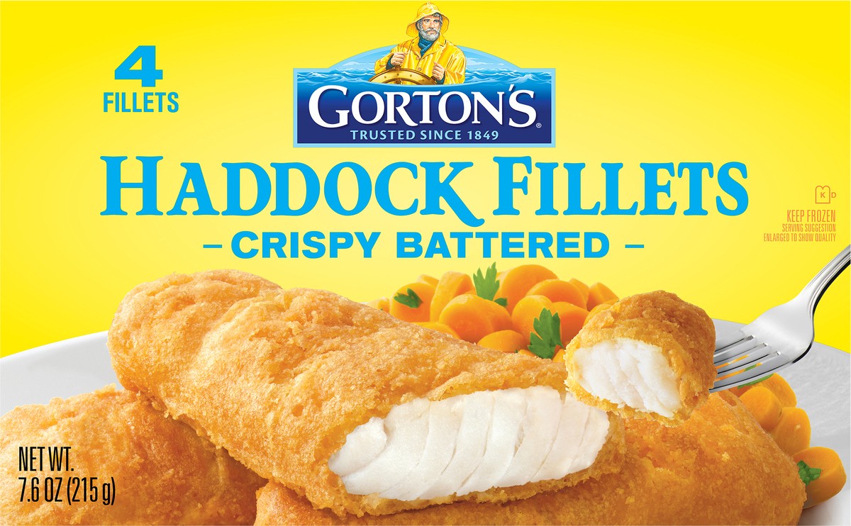 slide 7 of 9, Gorton's Crispy Battered Fish 100% Real Fish Fillets, Wild Caught Haddock, Frozen, 4 Count, 7.6 Ounce Package, 4 ct