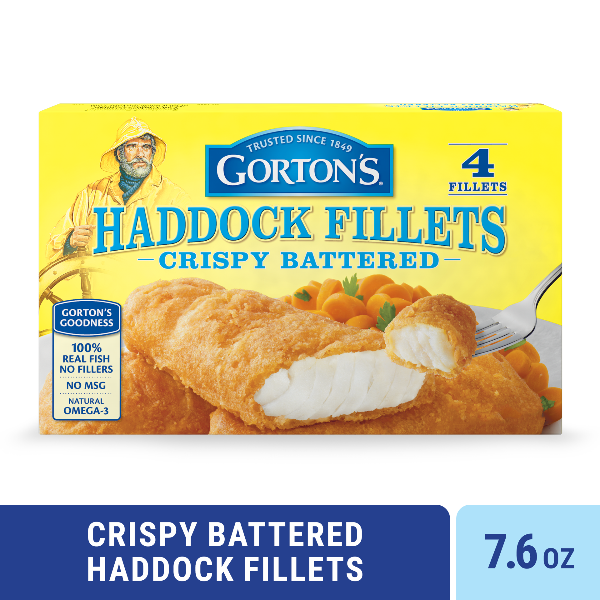 slide 1 of 9, Gorton's Gorton''s Crispy Battered Fish Fillets, Wild Caught Haddock, Frozen, 4 Count, 7.6 Ounce Package, 4 ct