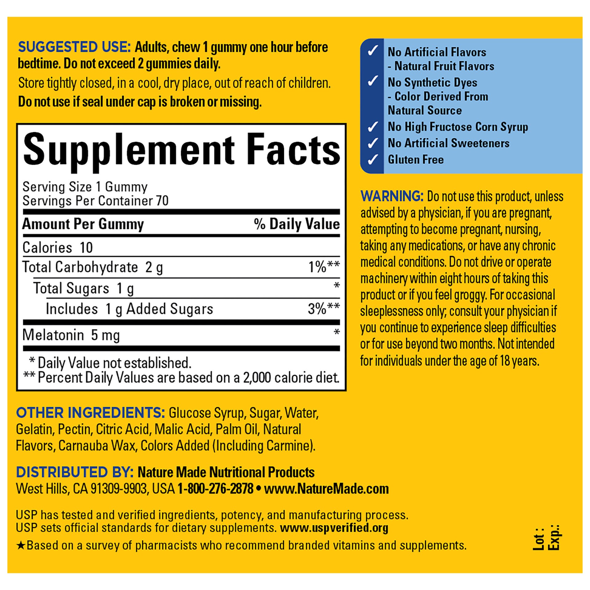 slide 2 of 7, Nature Made Melatonin 5mg Extra Strength Gummies, 100% Drug Free Sleep Aid for Adults, 70 Melatonin Gummies, 70 Day Supply, 70 ct