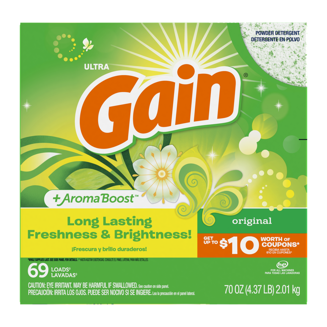 slide 1 of 1, Gain Powder Laundry Detergent for Regular and HE Washers, Original Scent, 70 ounces, 69 loads, 70 oz
