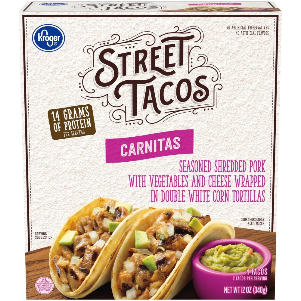 slide 1 of 1, Kroger Carnitas Seasoned Shredded Pork Street Tacos, 12 oz