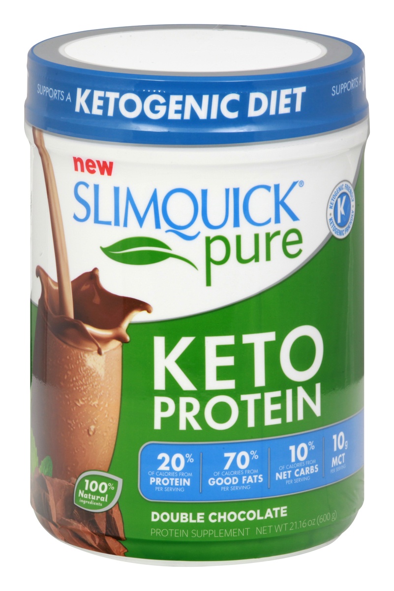 slide 1 of 1, SLIMQUICK Pure Keto Protein Double Chocolate Powder, 21.16 oz