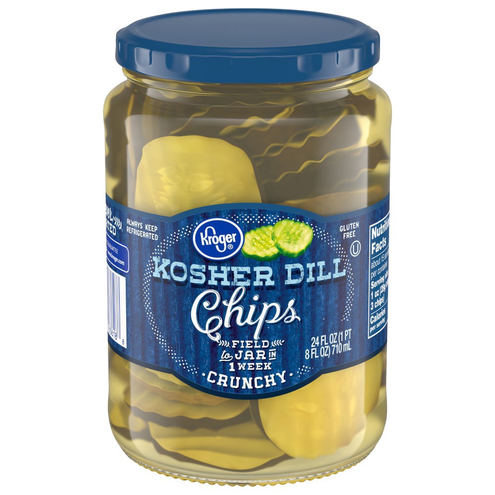 slide 1 of 4, Kroger Kosher Dill Pickle Chips, 24 fl oz