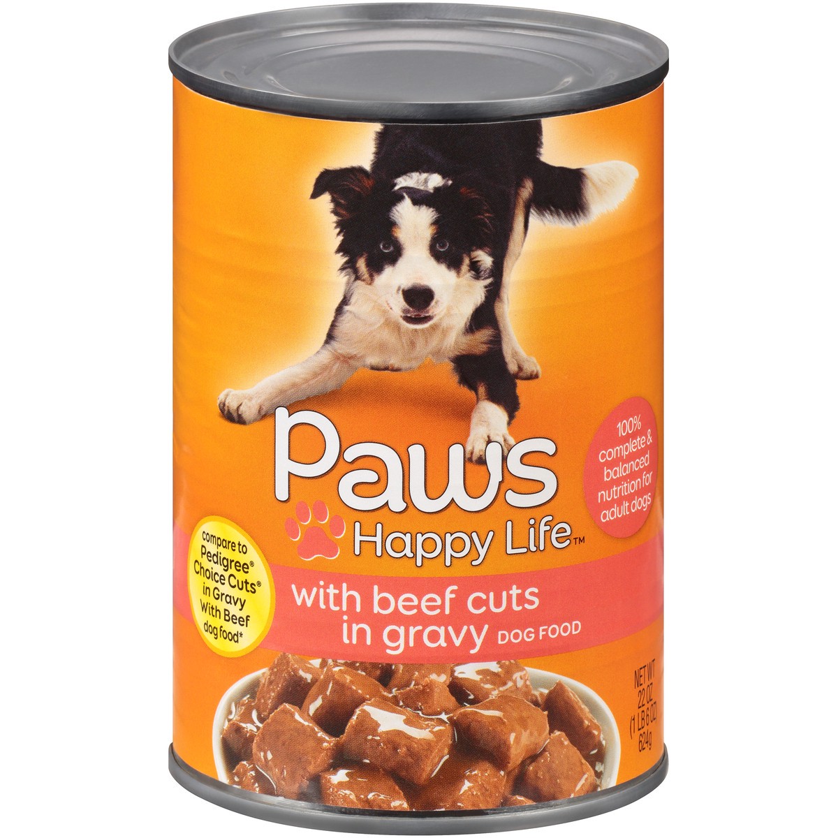 slide 1 of 9, Paws Happy Life Beef Cuts In Gravy Dog Food, 22 oz