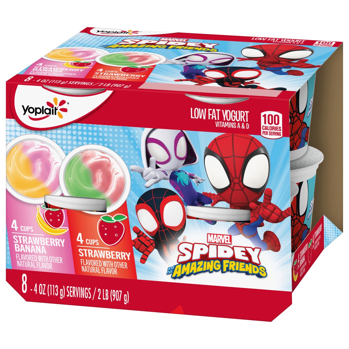 slide 10 of 14, Yoplait Low Fat Kids Yogurt, Marvel Spidey And His Amazing Friends Variety Pack, Strawberry and Strawberry Banana, Gluten Free Snacks, 8 Yogurt Cups, 8 ct