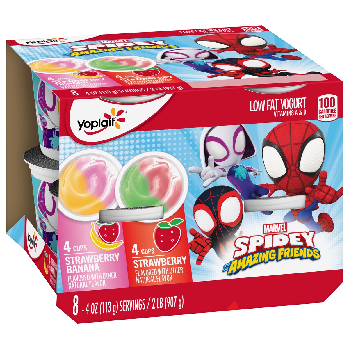 slide 4 of 14, Yoplait Low Fat Kids Yogurt, Marvel Spidey And His Amazing Friends Variety Pack, Strawberry and Strawberry Banana, Gluten Free Snacks, 8 Yogurt Cups, 8 ct