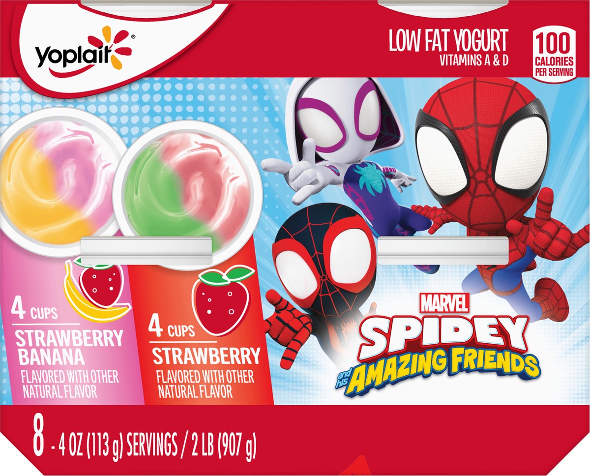 slide 12 of 14, Yoplait Low Fat Kids Yogurt, Marvel Spidey And His Amazing Friends Variety Pack, Strawberry and Strawberry Banana, Gluten Free Snacks, 8 Yogurt Cups, 8 ct