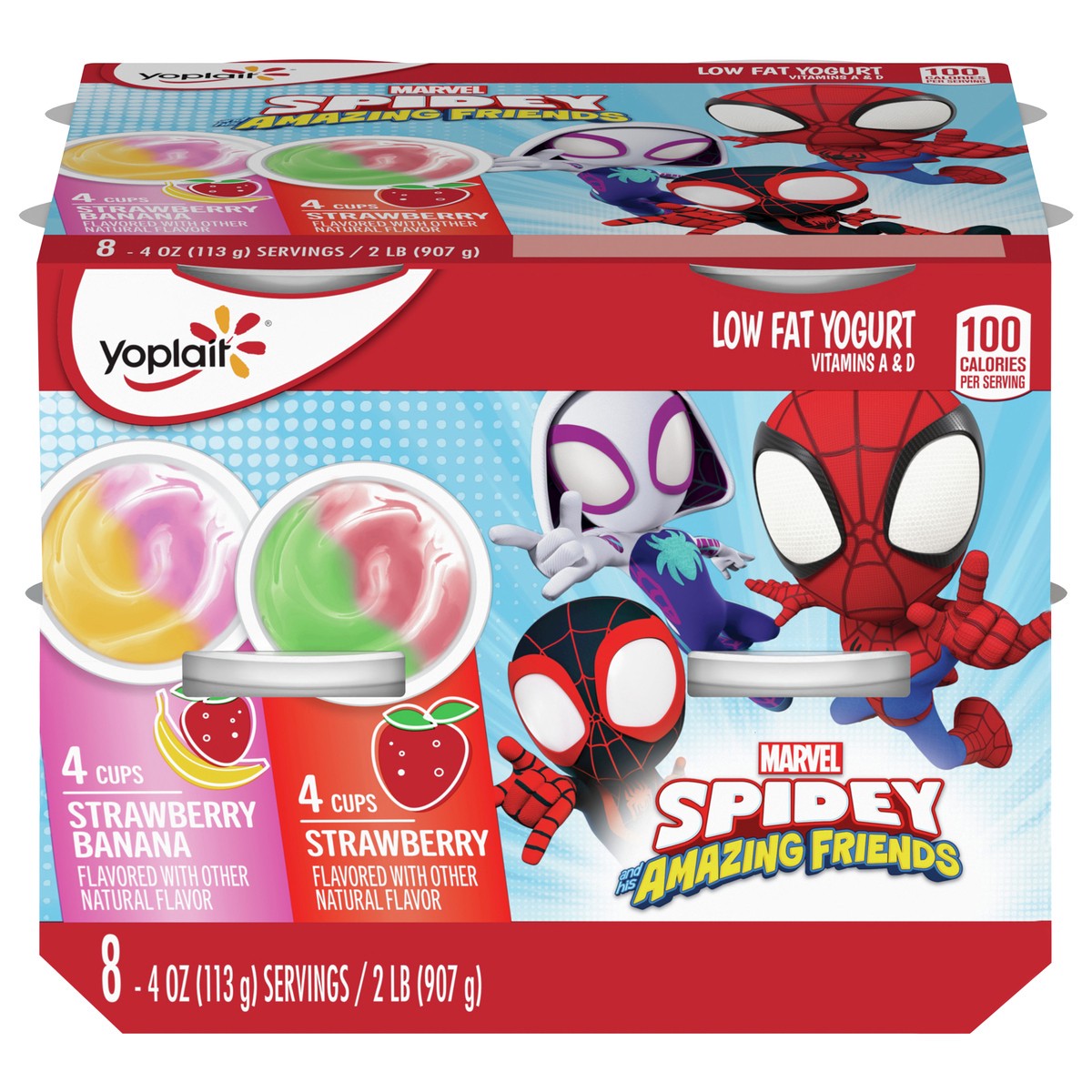 slide 1 of 14, Yoplait Low Fat Kids Yogurt, Marvel Spidey And His Amazing Friends Variety Pack, Strawberry and Strawberry Banana, Gluten Free Snacks, 8 Yogurt Cups, 8 ct