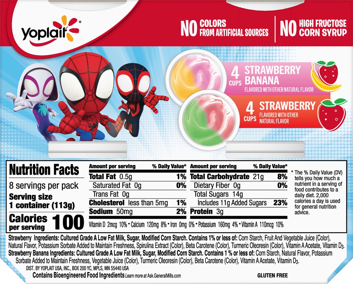 slide 7 of 14, Yoplait Low Fat Kids Yogurt, Marvel Spidey And His Amazing Friends Variety Pack, Strawberry and Strawberry Banana, Gluten Free Snacks, 8 Yogurt Cups, 8 ct