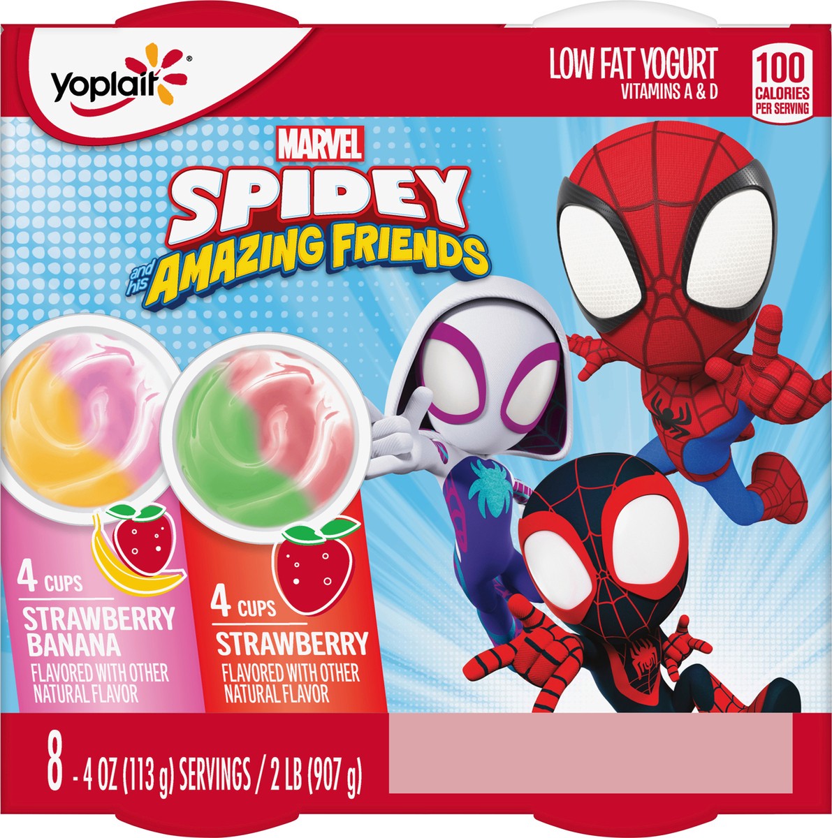 slide 3 of 14, Yoplait Low Fat Kids Yogurt, Marvel Spidey And His Amazing Friends Variety Pack, Strawberry and Strawberry Banana, Gluten Free Snacks, 8 Yogurt Cups, 8 ct