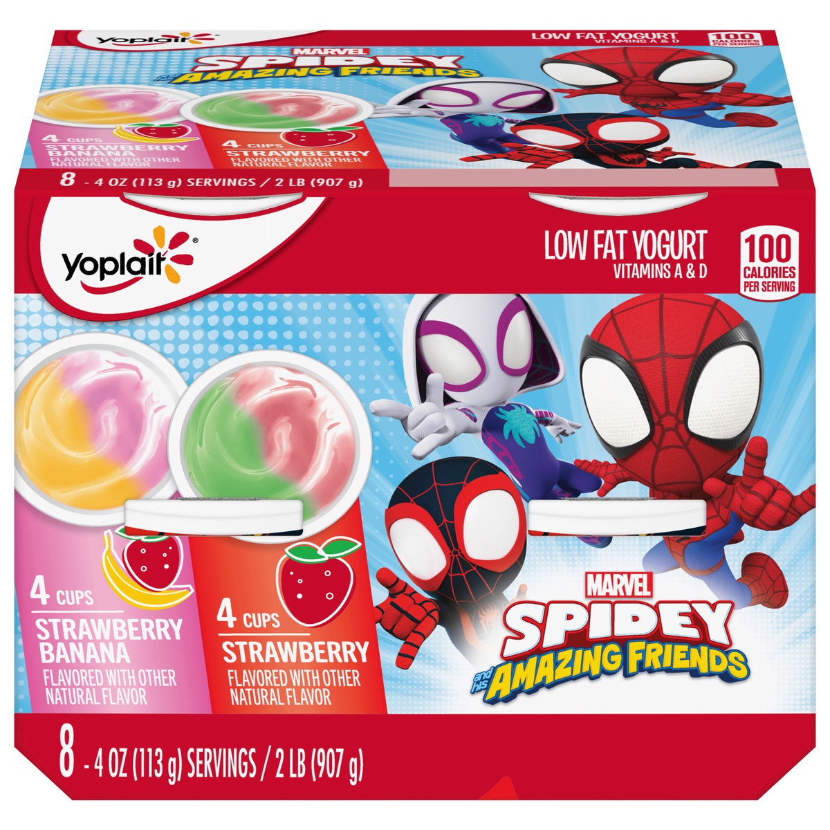 slide 5 of 14, Yoplait Low Fat Kids Yogurt, Marvel Spidey And His Amazing Friends Variety Pack, Strawberry and Strawberry Banana, Gluten Free Snacks, 8 Yogurt Cups, 8 ct