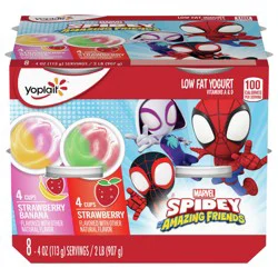 Yoplait Low Fat Kids Yogurt, Marvel Spidey And His Amazing Friends Variety Pack, Strawberry and Strawberry Banana, Gluten Free Snacks, 8 Yogurt Cups - 8 ct