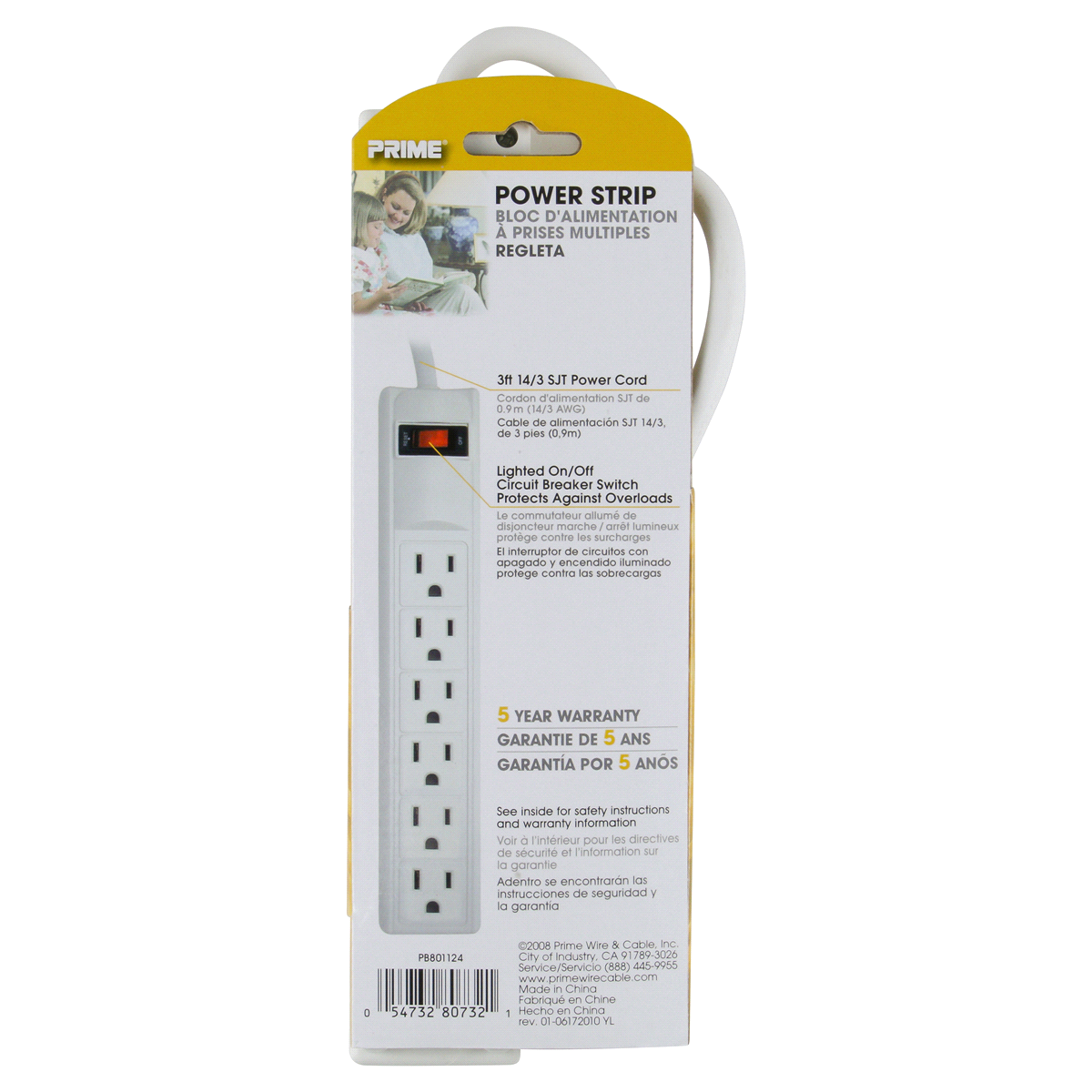 slide 2 of 2, Prime Wire & Cable 6-Outlet Power Strip - White, 3 ft