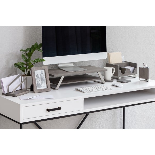 slide 3 of 6, Realspace® Orix Wood/Metal Monitor Stand With Shelf, 5""H x 21-1/2""W x 10""D, Gray/Nickel, 1 ct