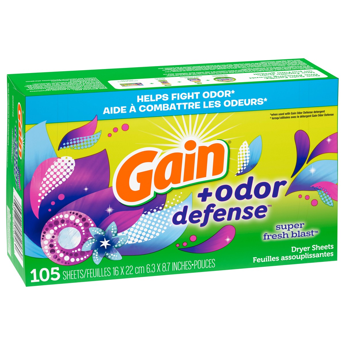 slide 2 of 9, Gain Dryer Sheets Plus Odor Defense, Super Fresh Blast Scent, 105 Count, Helps fight static and odor, laundry sheets, 105 ct
