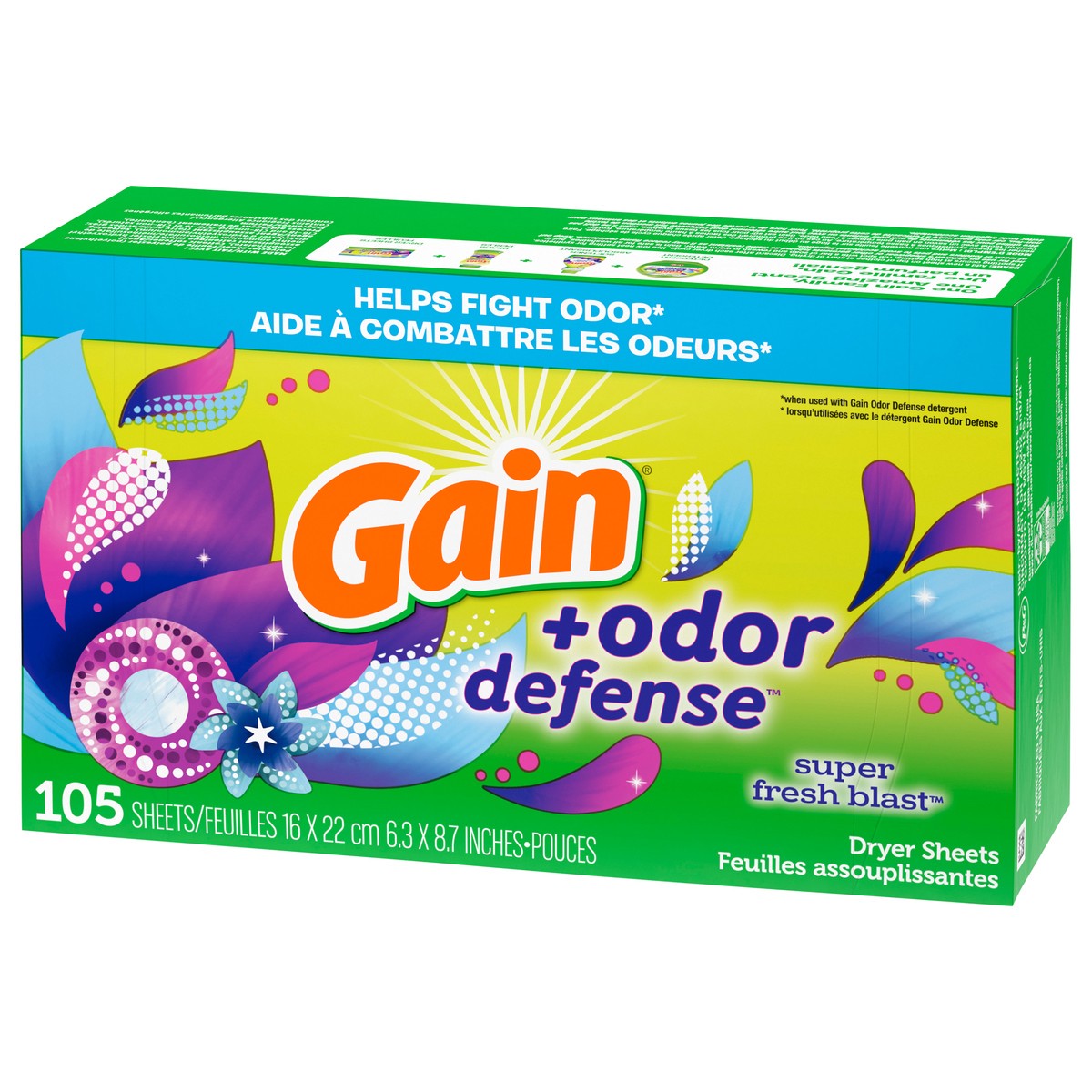 slide 4 of 9, Gain Dryer Sheets Plus Odor Defense, Super Fresh Blast Scent, 105 Count, Helps fight static and odor, laundry sheets, 105 ct