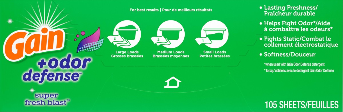 slide 6 of 9, Gain Dryer Sheets Plus Odor Defense, Super Fresh Blast Scent, 105 Count, Helps fight static and odor, laundry sheets, 105 ct