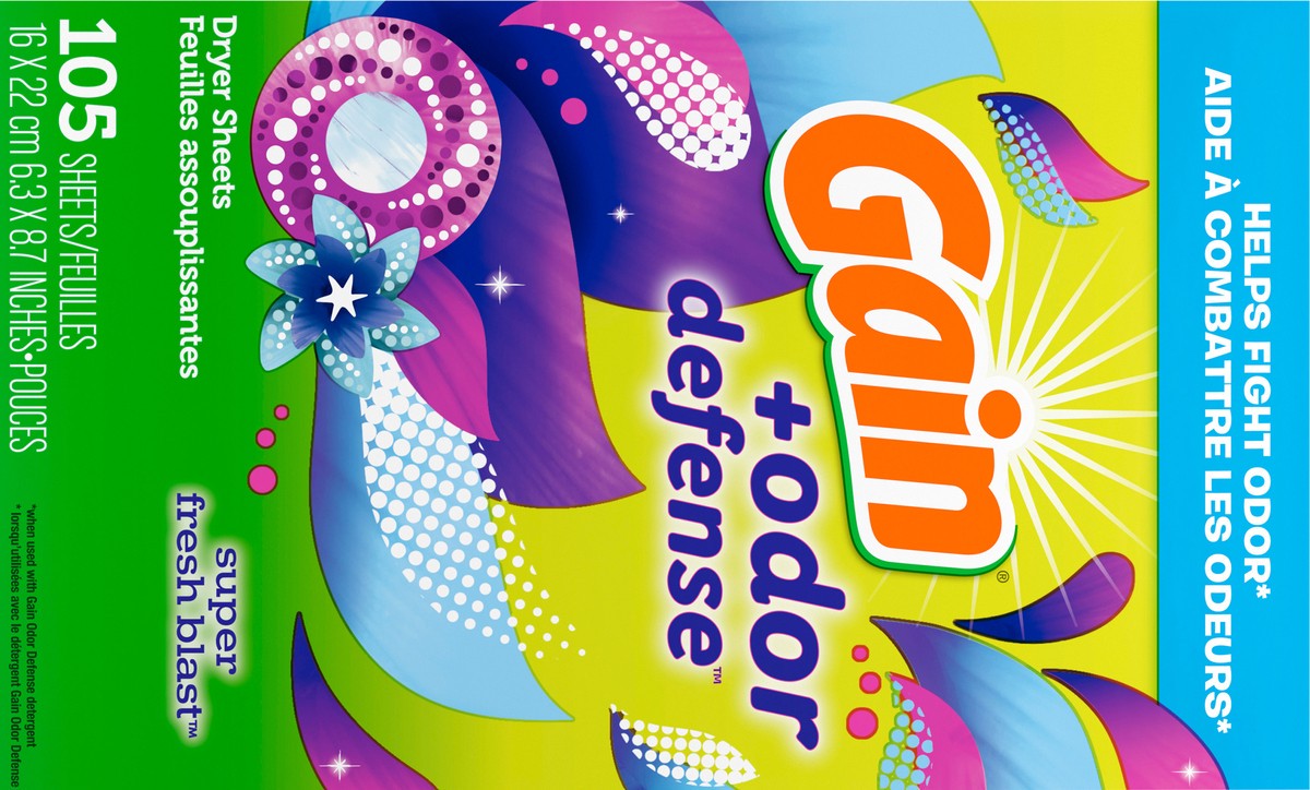 slide 5 of 9, Gain Dryer Sheets Plus Odor Defense, Super Fresh Blast Scent, 105 Count, Helps fight static and odor, laundry sheets, 105 ct