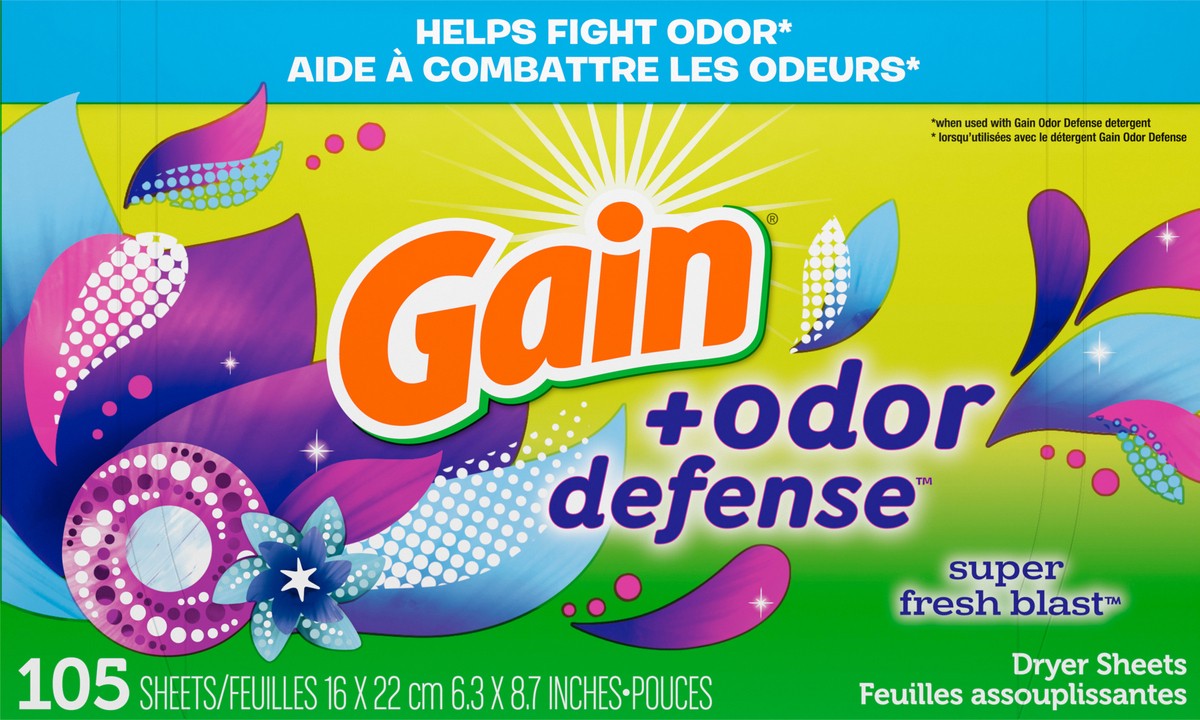 slide 7 of 9, Gain Dryer Sheets Plus Odor Defense, Super Fresh Blast Scent, 105 Count, Helps fight static and odor, laundry sheets, 105 ct