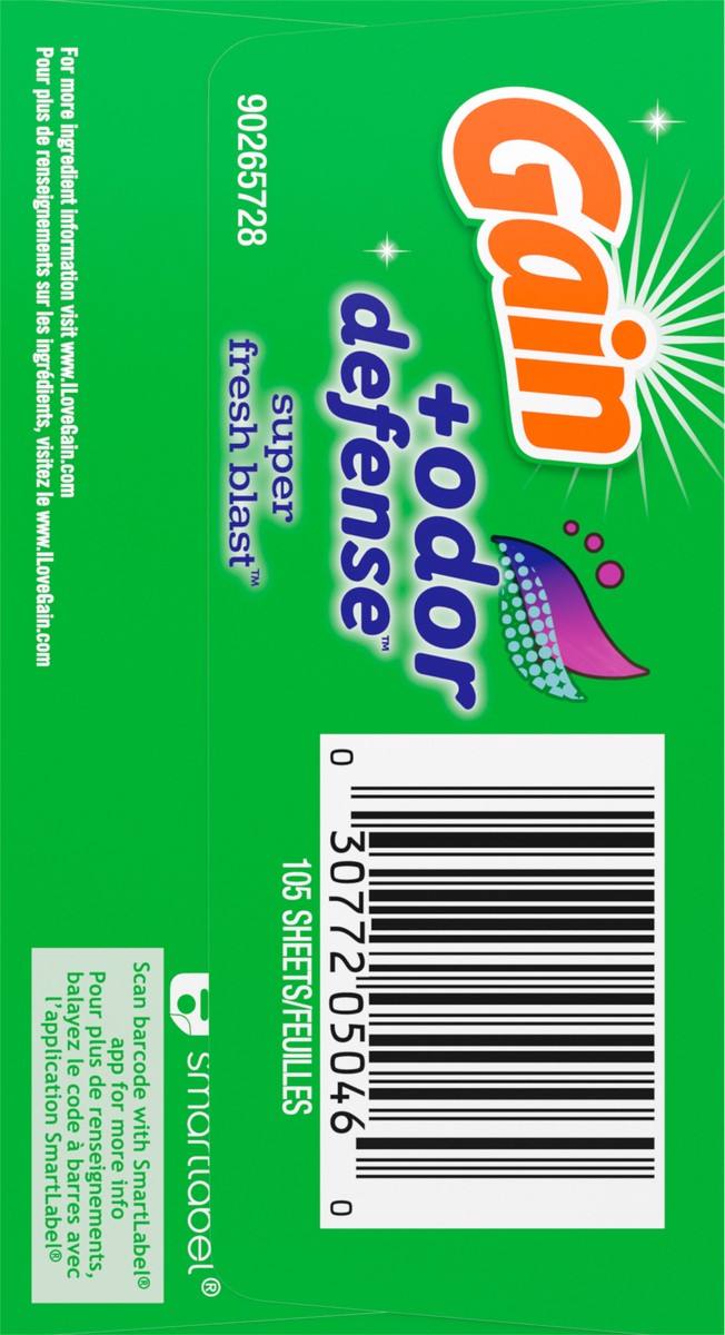 slide 8 of 9, Gain Dryer Sheets Plus Odor Defense, Super Fresh Blast Scent, 105 Count, Helps fight static and odor, laundry sheets, 105 ct