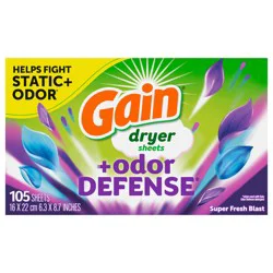 Gain Dryer Sheets Plus Odor Defense, Super Fresh Blast Scent, 105 Count, Helps fight static and odor, laundry sheets