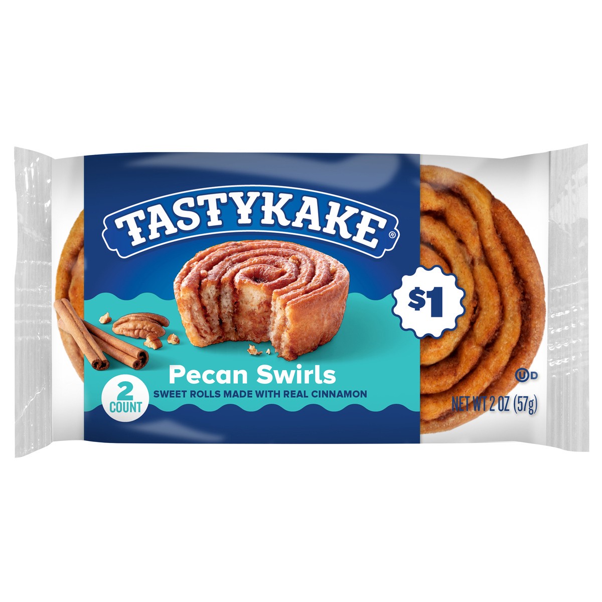 slide 1 of 8, Tastykake Pecan Swirls,Cinnamon and Pecan Filled Pastry Rolls, 2.1 oz, 2 Count, 2 ct