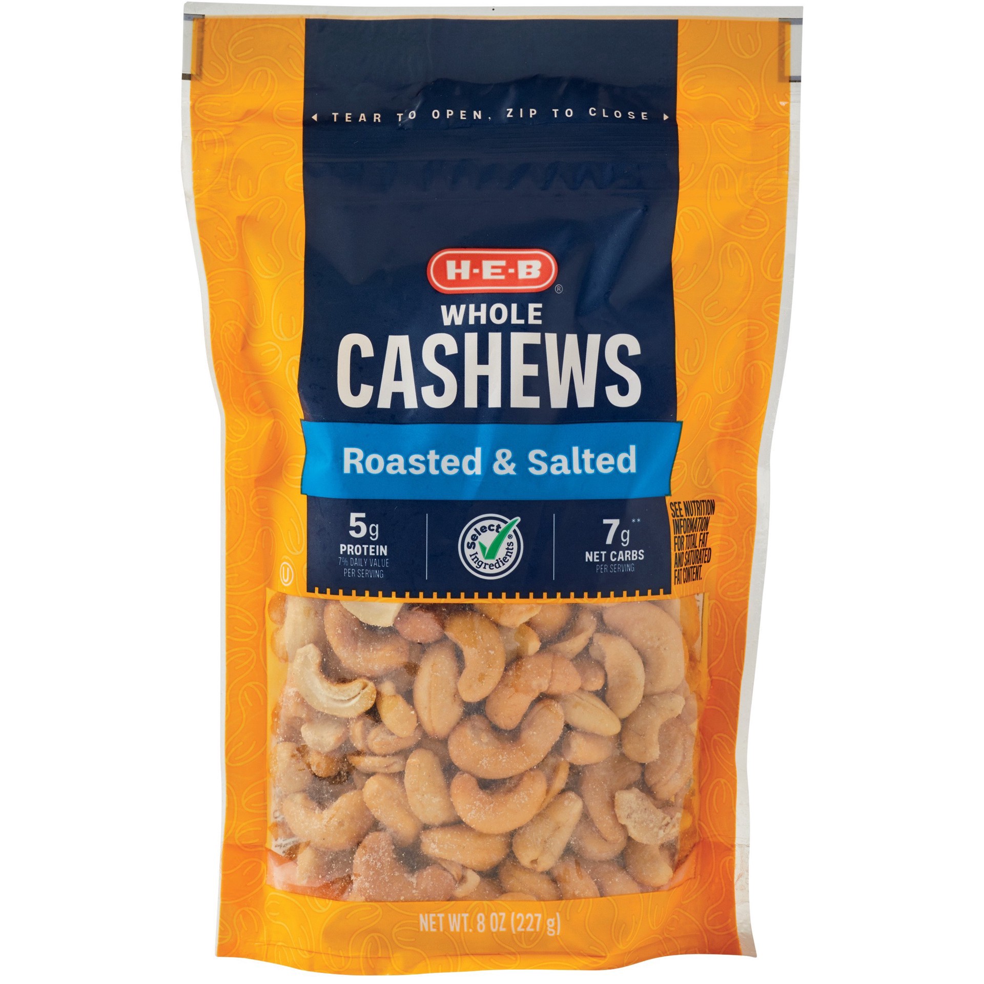 slide 1 of 1, H-E-B Select Ingredients Whole Roasted & Salted Cashews, 8 oz