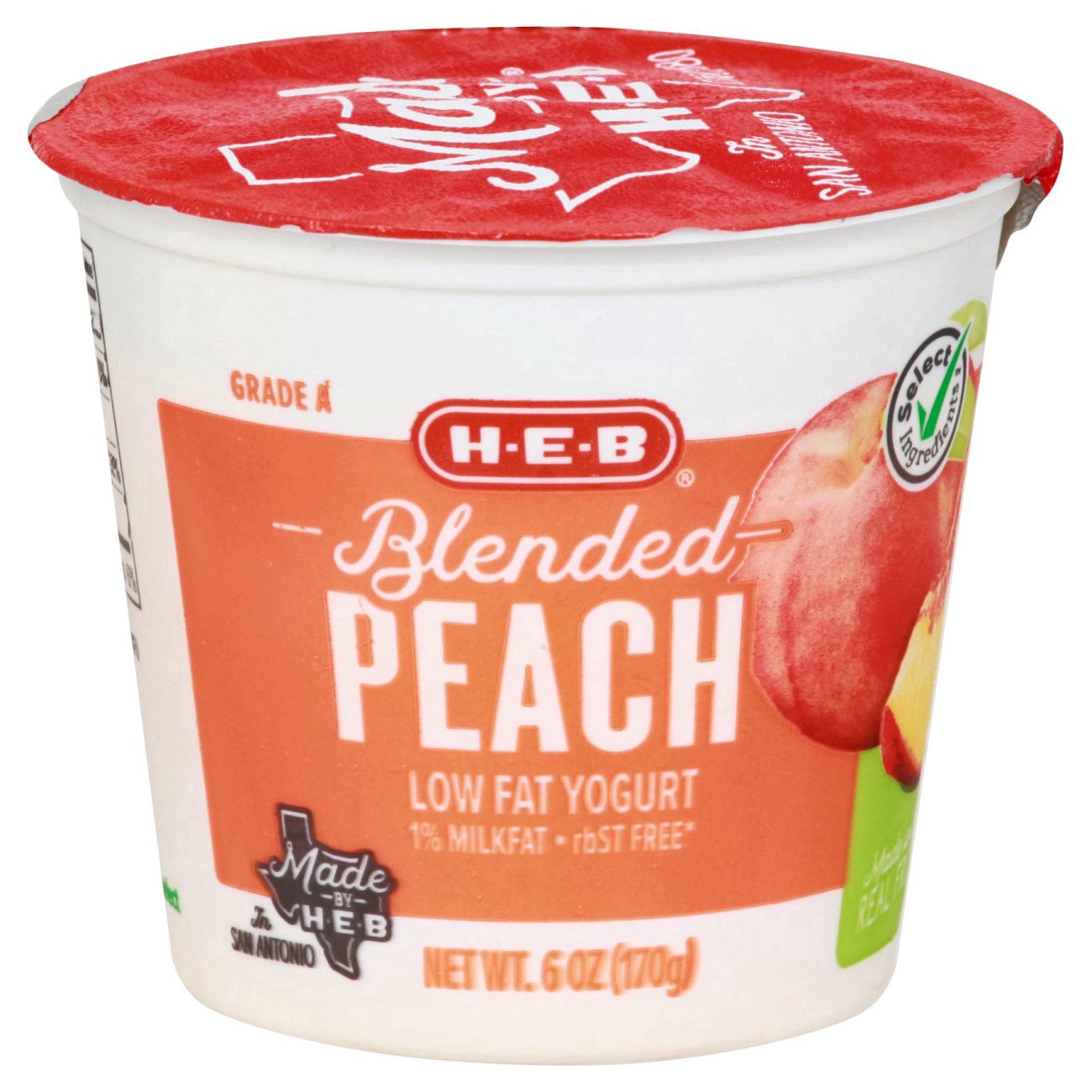 slide 1 of 1, H-E-B Select Ingredients Low-Fat Blended Peach Yogurt, 6 oz