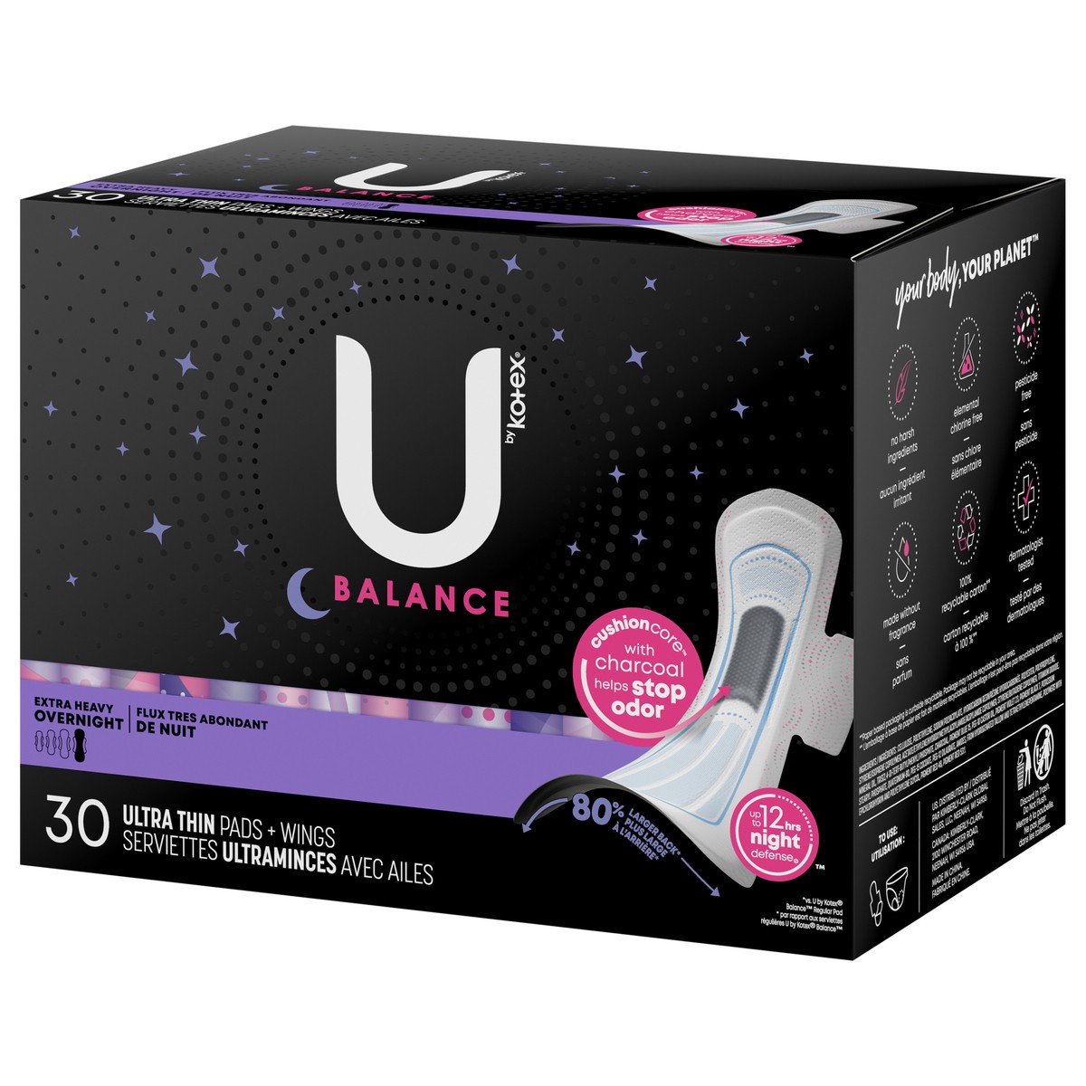 slide 8 of 12, U by Kotex Balance Ultra Thin Overnight Pads with Wings, Extra Heavy Absorbency, 30 Count, 30 ct