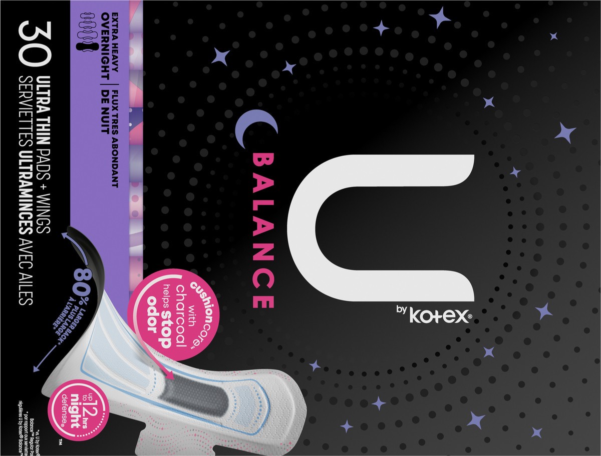 slide 10 of 12, U by Kotex Balance Ultra Thin Overnight Pads with Wings, Extra Heavy Absorbency, 30 Count, 30 ct
