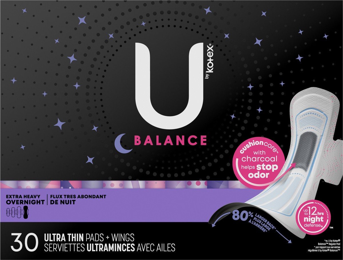 slide 11 of 12, U by Kotex Balance Ultra Thin Overnight Pads with Wings, Extra Heavy Absorbency, 30 Count, 30 ct