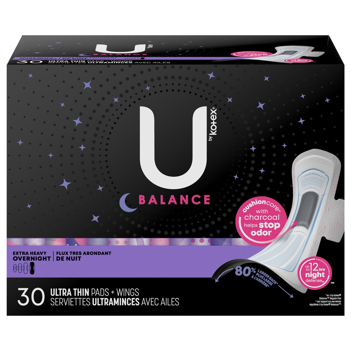 slide 3 of 12, U by Kotex Balance Ultra Thin Overnight Pads with Wings, Extra Heavy Absorbency, 30 Count, 30 ct