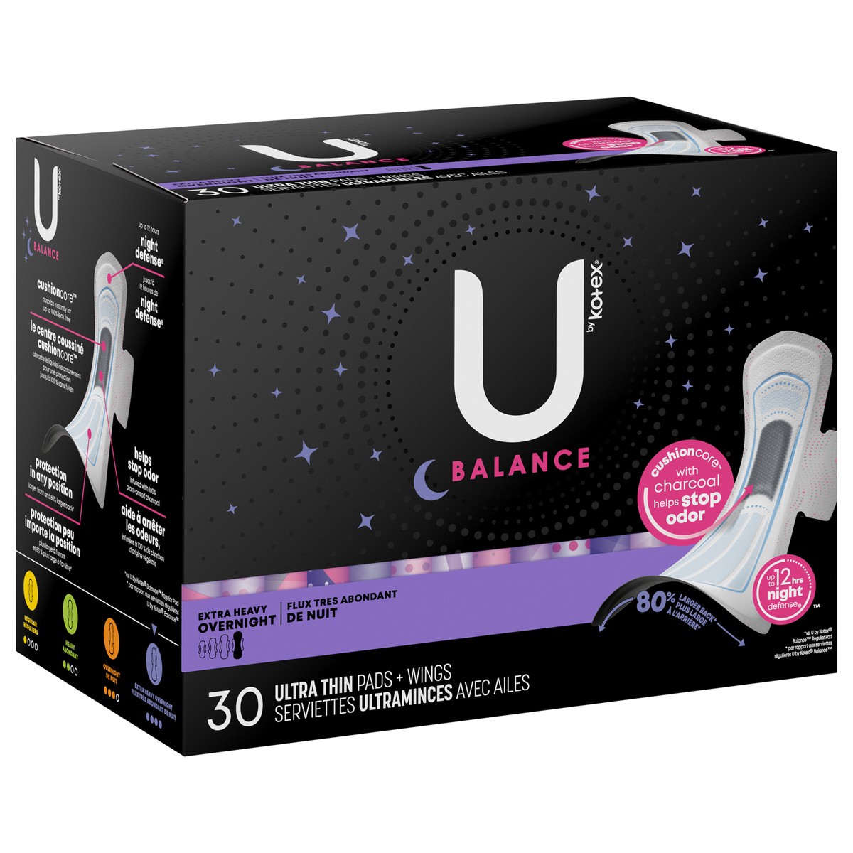 slide 7 of 12, U by Kotex Balance Ultra Thin Overnight Pads with Wings, Extra Heavy Absorbency, 30 Count, 30 ct