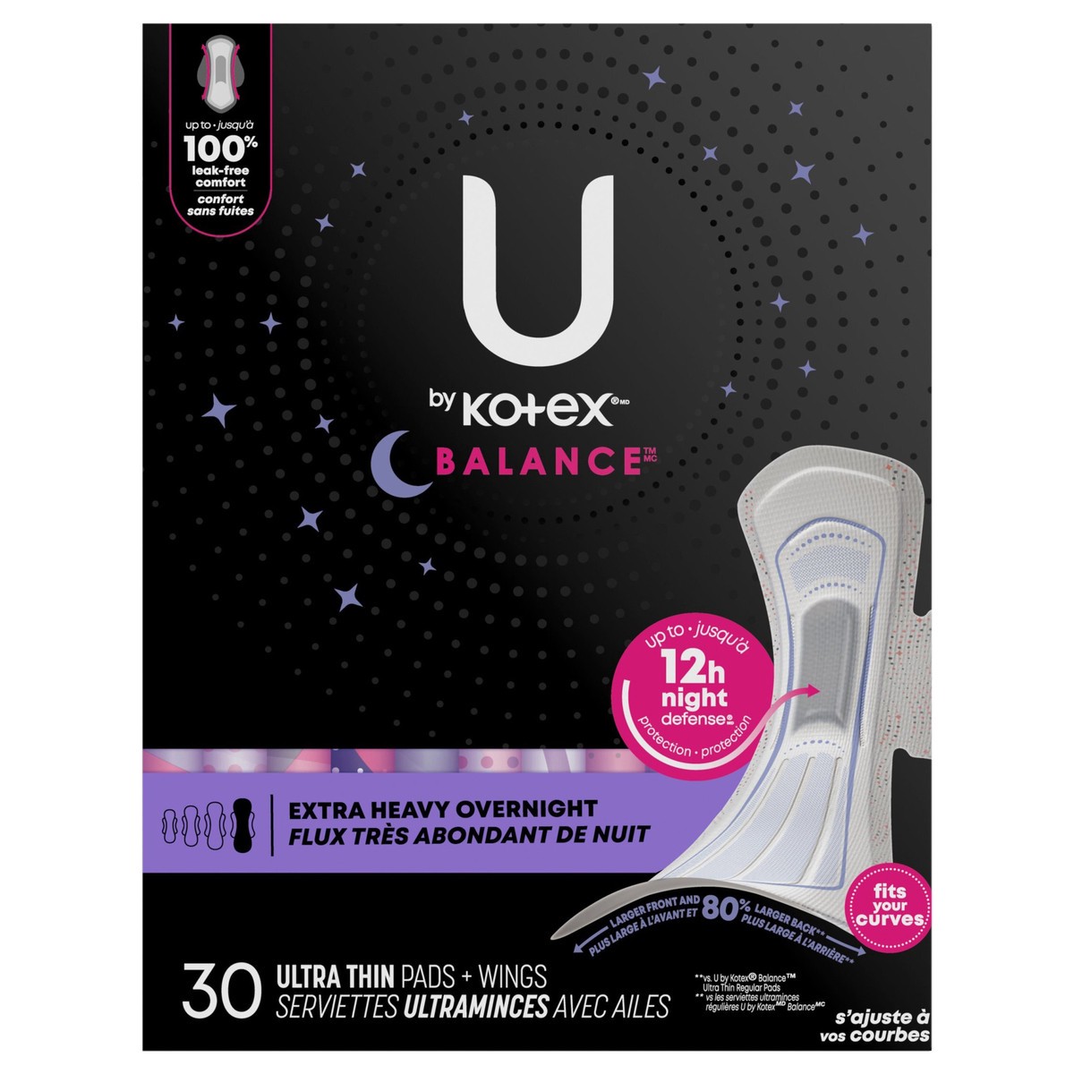 slide 1 of 12, U by Kotex Balance Ultra Thin Overnight Pads with Wings, Extra Heavy Absorbency, 30 Count, 30 ct