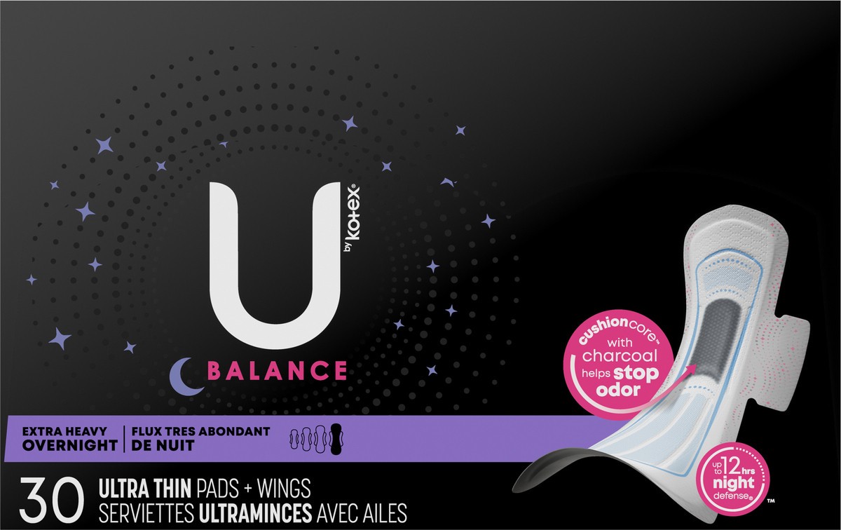 slide 12 of 12, U by Kotex Balance Ultra Thin Overnight Pads with Wings, Extra Heavy Absorbency, 30 Count, 30 ct