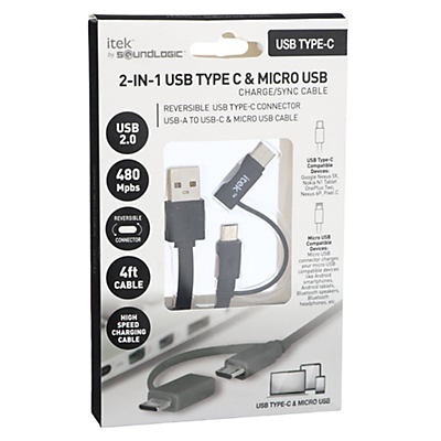 slide 1 of 1, itek 2-in-1 Type C and Micro USB Charge and Sync Cable, 1 ct