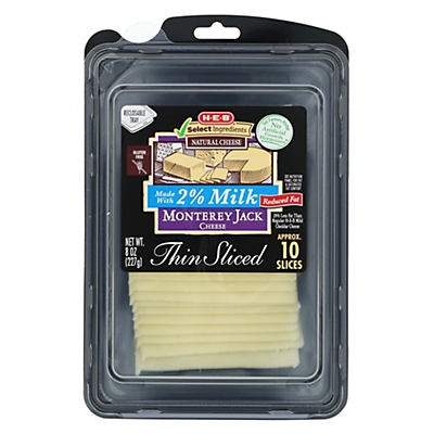 slide 1 of 1, H-E-B 2% Milk Monterey Jack Thin Sliced Cheese, 8 oz