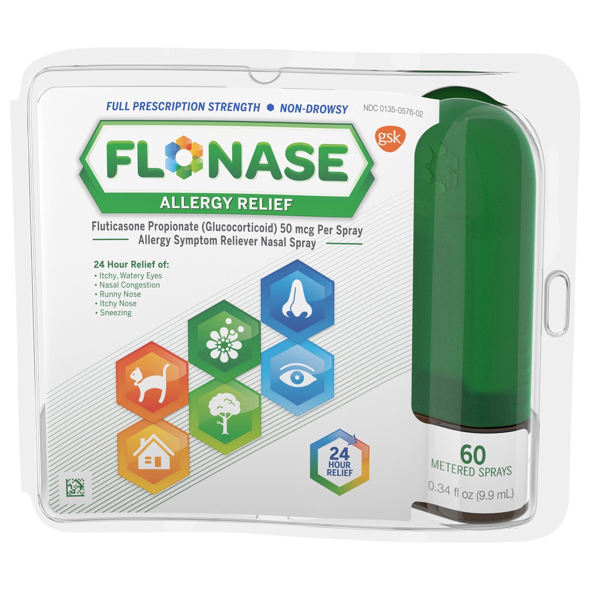 slide 1 of 5, Flonase Allergy Relief Nasal Spray, 24 Hour Non Drowsy Allergy Medicine, 60 Metered Nasal Sprays, 0.34 oz